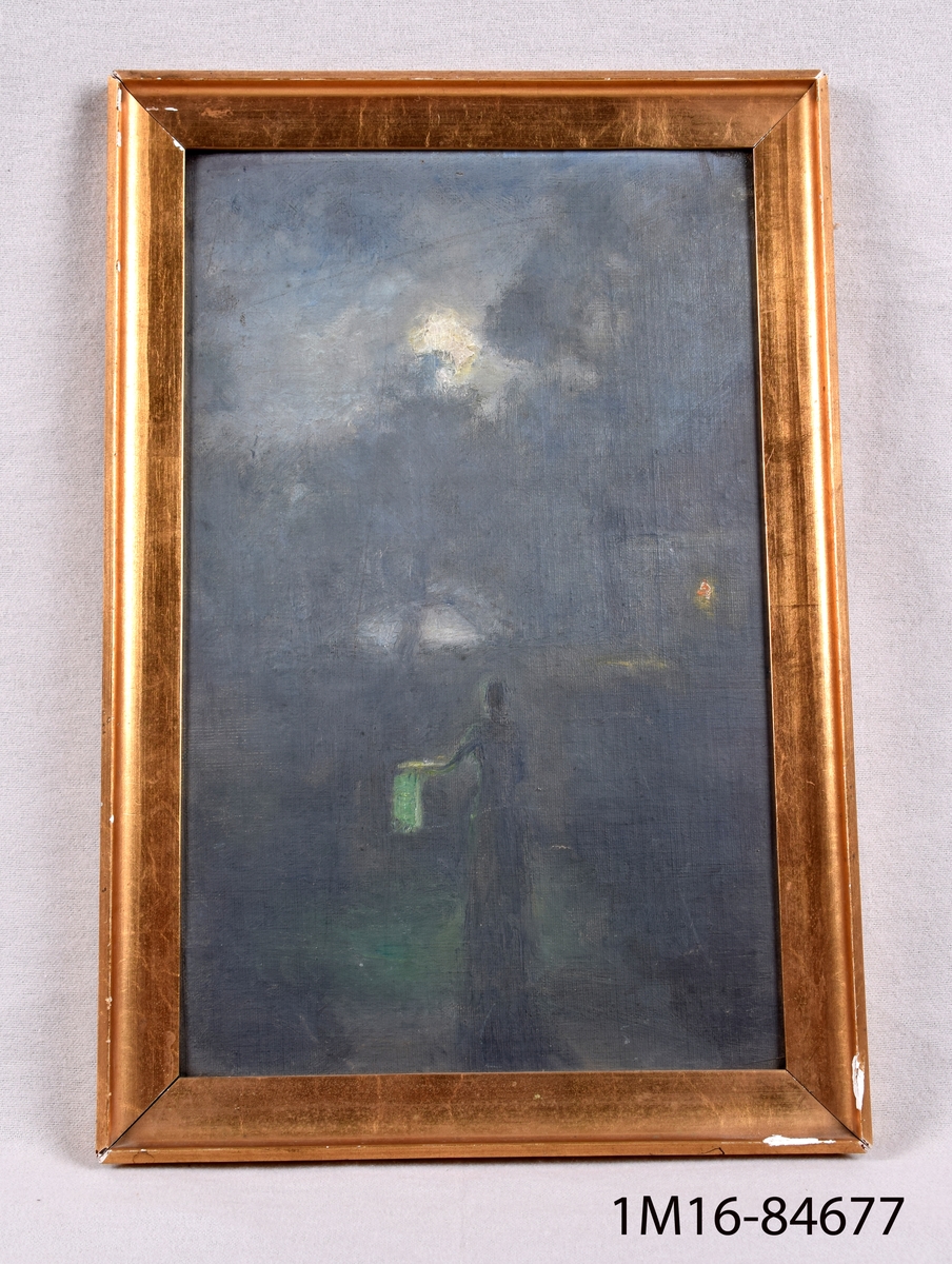 Enligt liggaren: Oljemålning av Agnes de Frumerie: Nattstycke med lyktbärande kvinna, med ram.