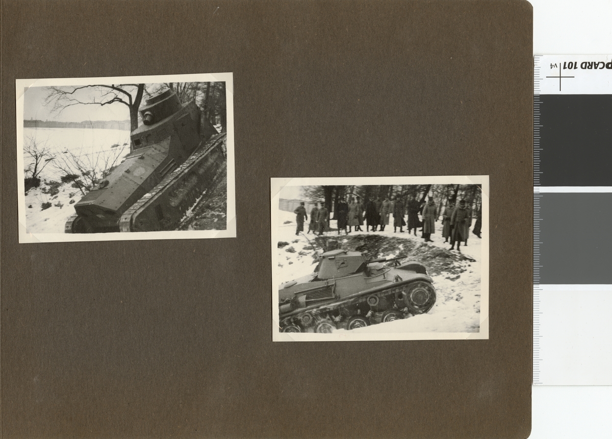 Text i fotoalbum: "AIHS studiebesök vid I 2 strdvbat (Göta livgardes stridvagnsbataljon) 19.1.1938. Terrängprov i Kampementsbacken."