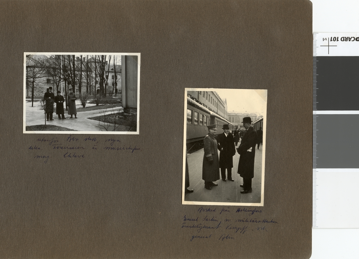 Text i fotoalbum: "Studieresa med general Alm till Finland 1.-12. mars 1939. Avsked från Helsingfors. General Sarlin, sv. militärattachen överstelöjtnant Kempff vid general Alm."