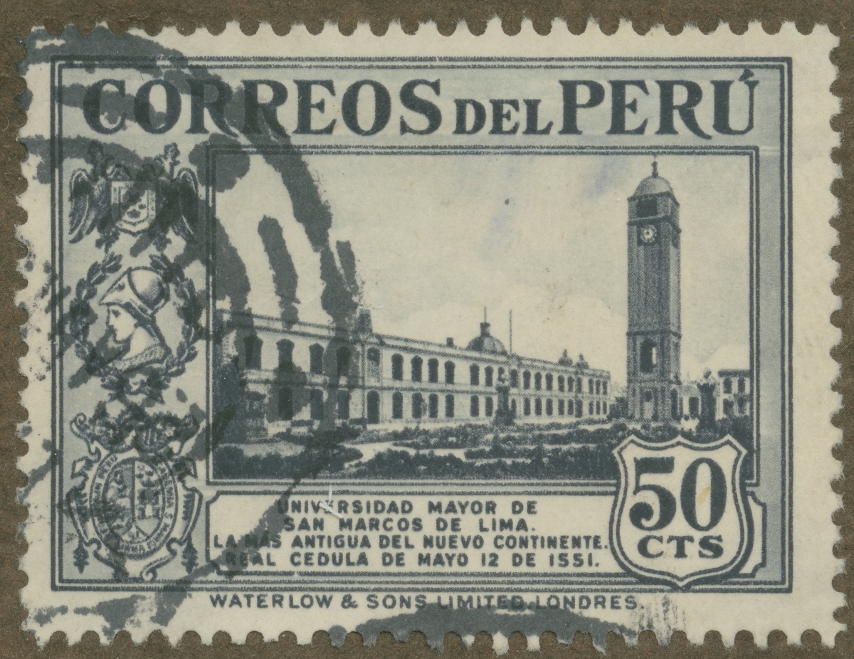 Frimärke ur Gösta Bodmans filatelistiska motivsamling, påbörjad 1950.
Frimärke från Peru, 1936. Motiv av San Marcus Universitetet i Lima, grundat d. 12 maj 1551.