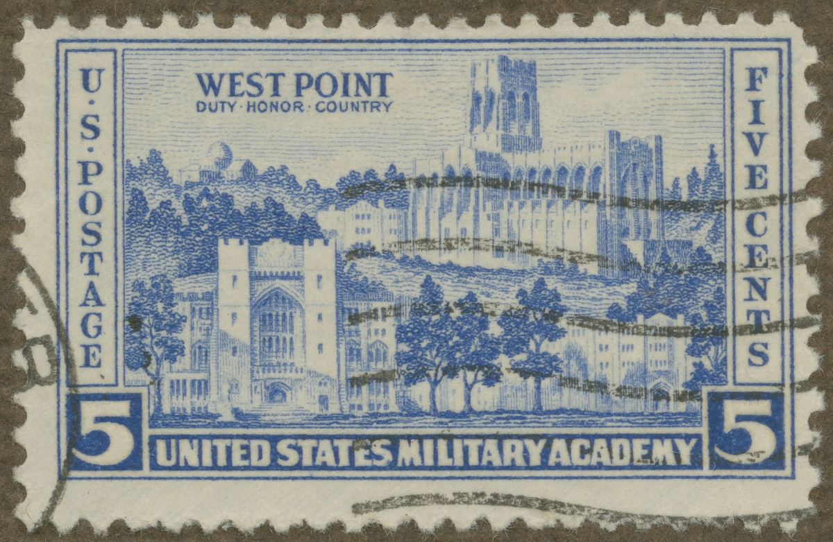 Frimärke ur Gösta Bodmans filatelistiska motivsamling, påbörjad 1950.
Frimärke från USA, 1936. Motiv av USA:s Militärakademi, West Point, NY.