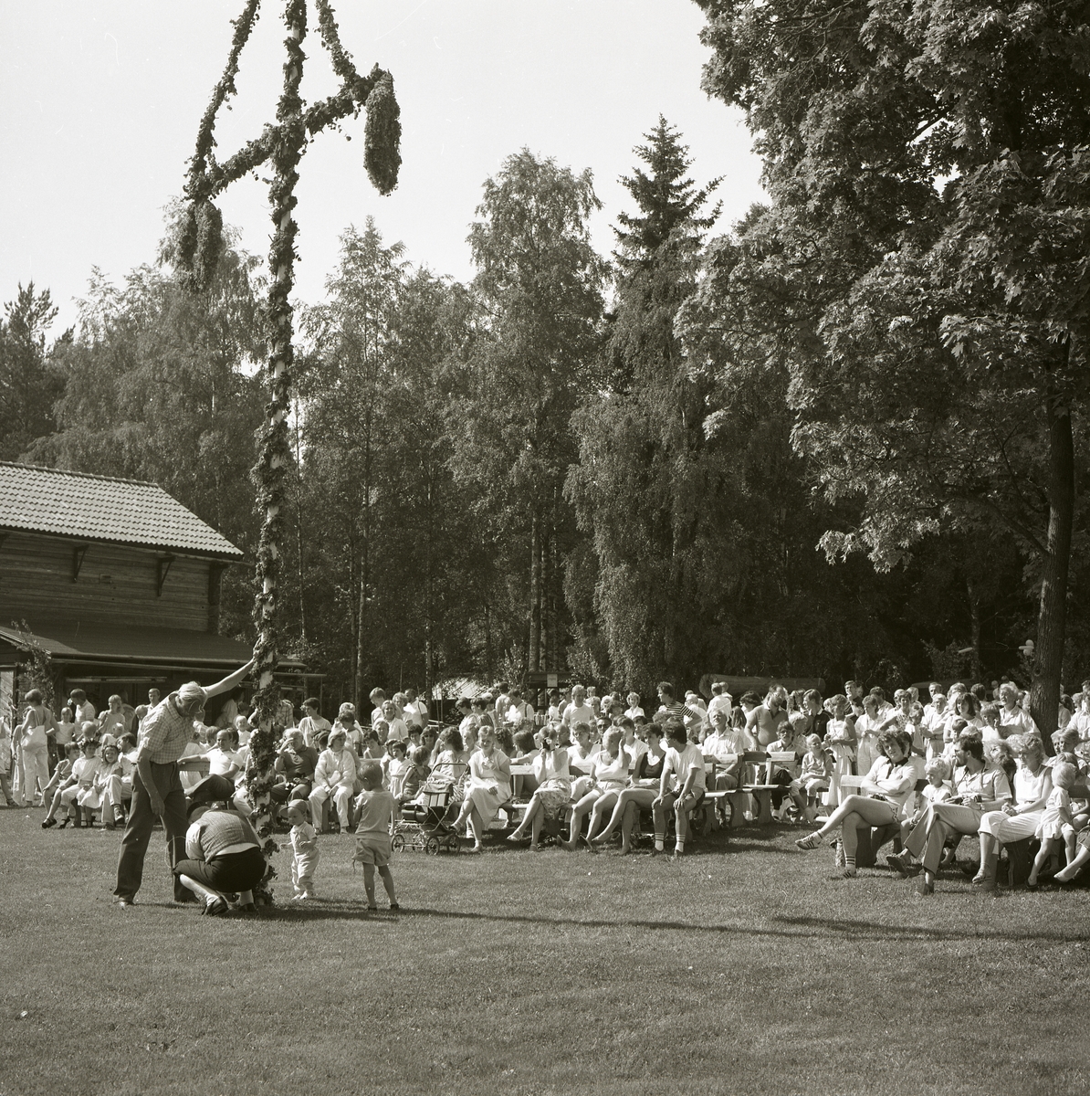 Ett midsommarfirande i Hembygdsbyn vid Rengsjö. Midsommarstången är precis rest och publiken är på plats, 21 juni 1985.