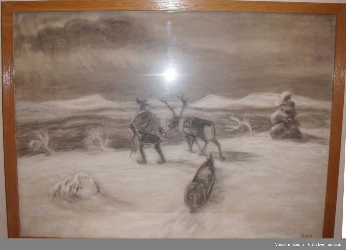Kvinne og mann med reinsdyr og pulk på vinterfjellet.