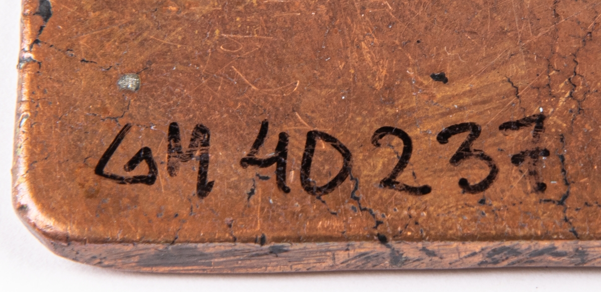 Gravyrplåt av kopparplåt med graverad text "CP Zetterman Urmakare i Gävle"