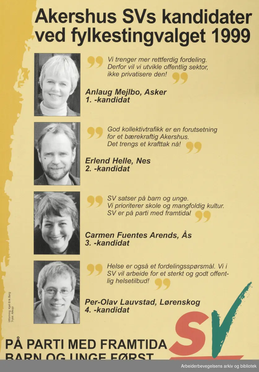 SV Plakat. Akershus SV, Kandidater ved fylkesvalget 1999 Format 60x42 cm