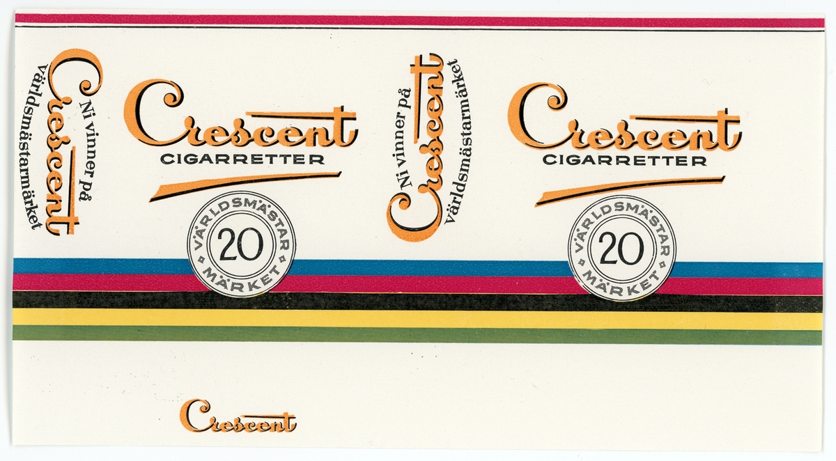 Cigarettetikett med Crescent-märke, av papper, flerfärgstryck.
