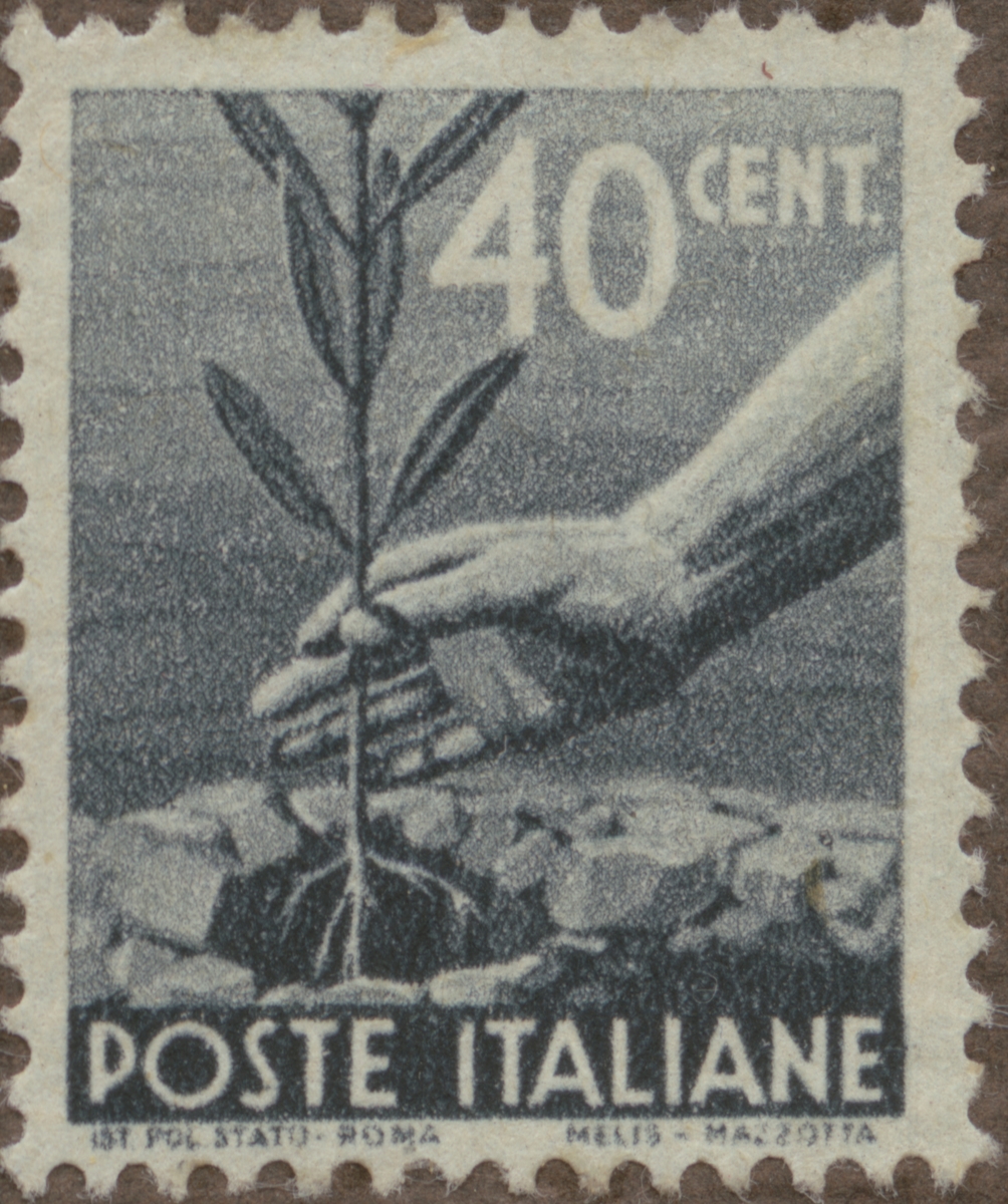 Frimärke ur Gösta Bodmans filatelistiska motivsamling, påbörjad 1950.
Frimärke från Italien, 1945. Motiv av plantering.