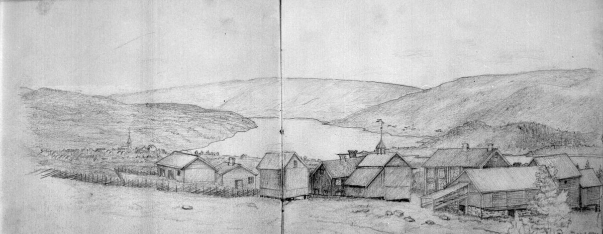 Repro: Tegning av gård i Nordre Ål med Lillehammer by i bakgrunnen