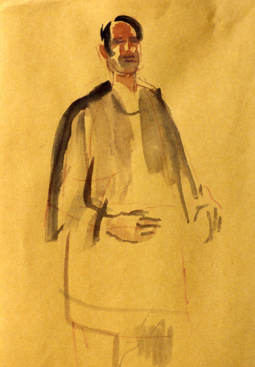 Akvarell/skiss. 1990. AGEVE. Fotografi i samma serie som Georg Englunds akvareller av/till arbetarna i Gävle när AGEVE flyttade 1993. En utställning i Paris 1993. Akvarellerna ställdes även ut i lunchrummet på AGEVE.
