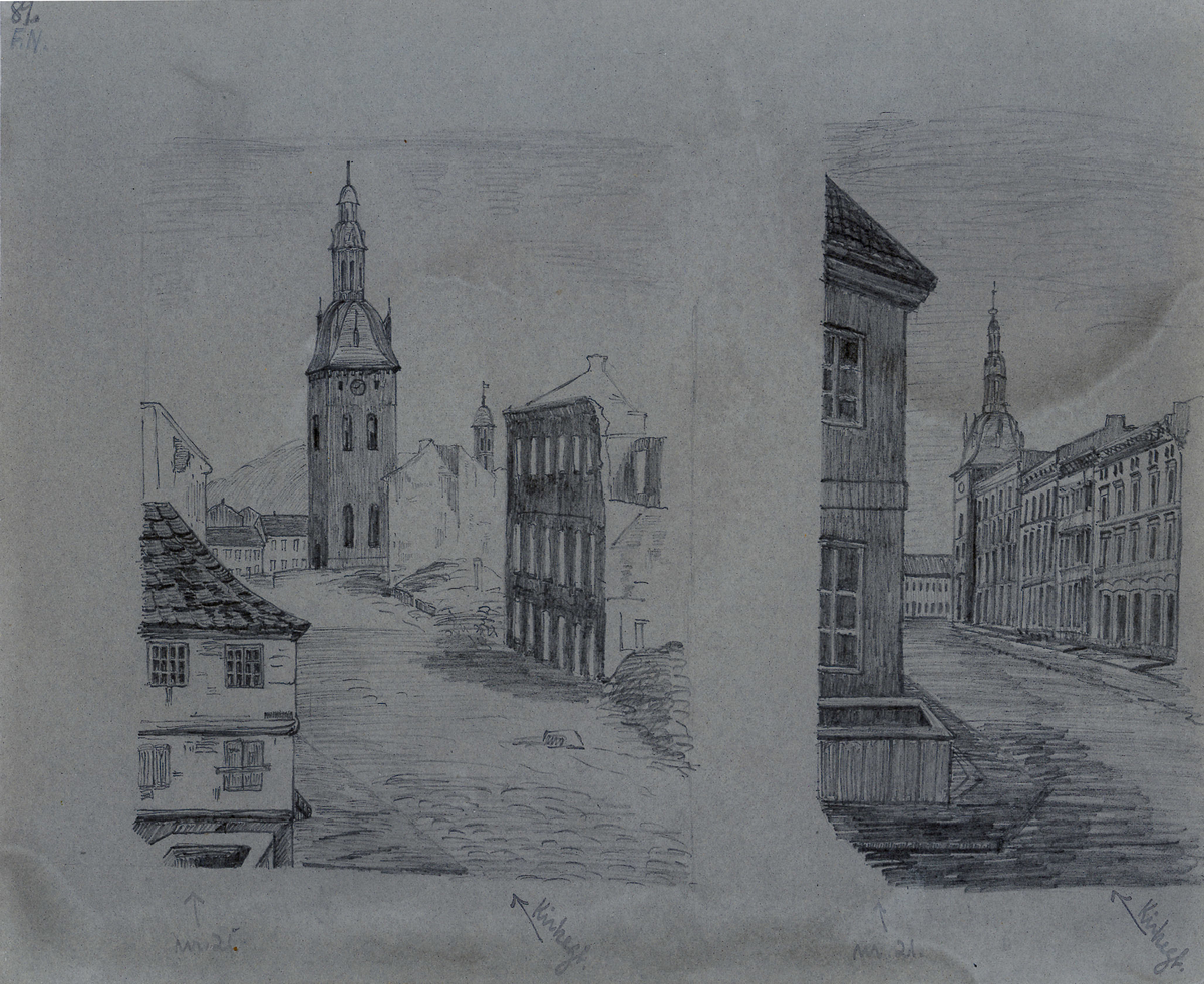 To tegninger. Den ene fremstiller gaten med ruiner etter brannen i 1858. Den andre fremstiller gatern etter oppbyggingen. I forgunnen til venstre Kirkegaten 21 med vannpost foran.