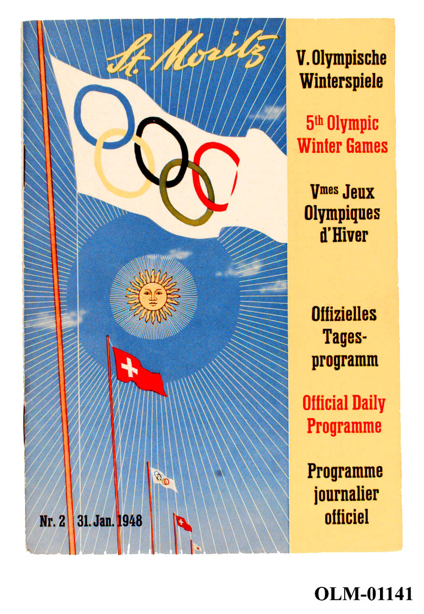 Dagsprogram nr. 2 fra vinter-OL i 1948 St.Moritz. Programmet inneholder i tillegg oversikt over alle deltagere og et kart over regionen.