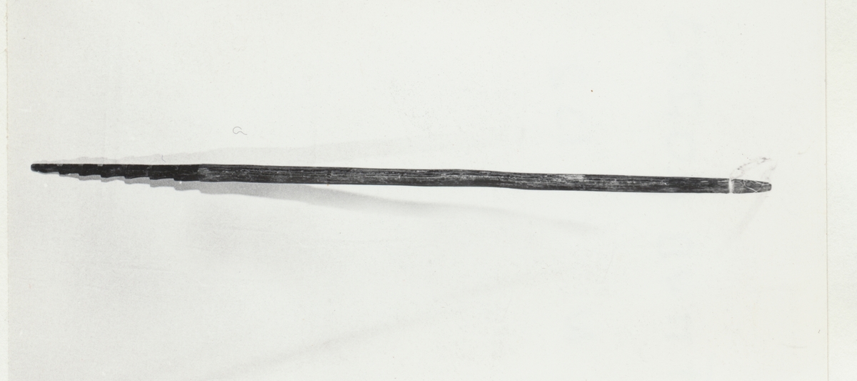 Form: Lang trepinne med hakking (utskåret "trappetrinn") i den ene enden.
