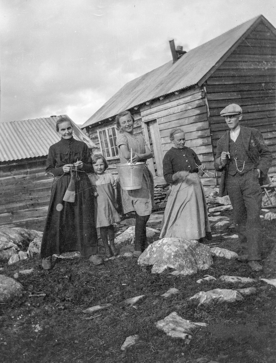 Stølshus og folk på Seljestadstølen i 1920.
