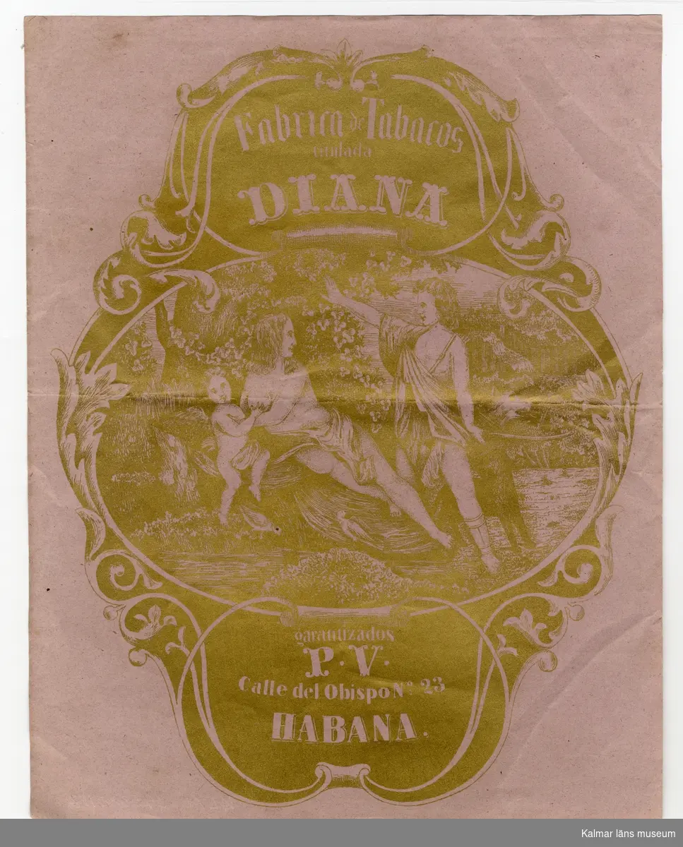KLM 39502:117. Omslagspapper. Av papper i lila kulör med tryck i guldfärg: Fabrica de Tabacos titulada DIANA garantizados P. V. Calle del Obispo N:o 23 HABANA.