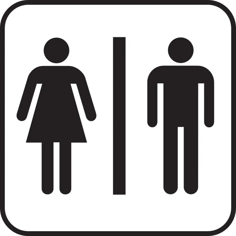 Toalettskilt; hvit bakgrunn og symbol for dame og mann i svart, atskilt med en svart strek