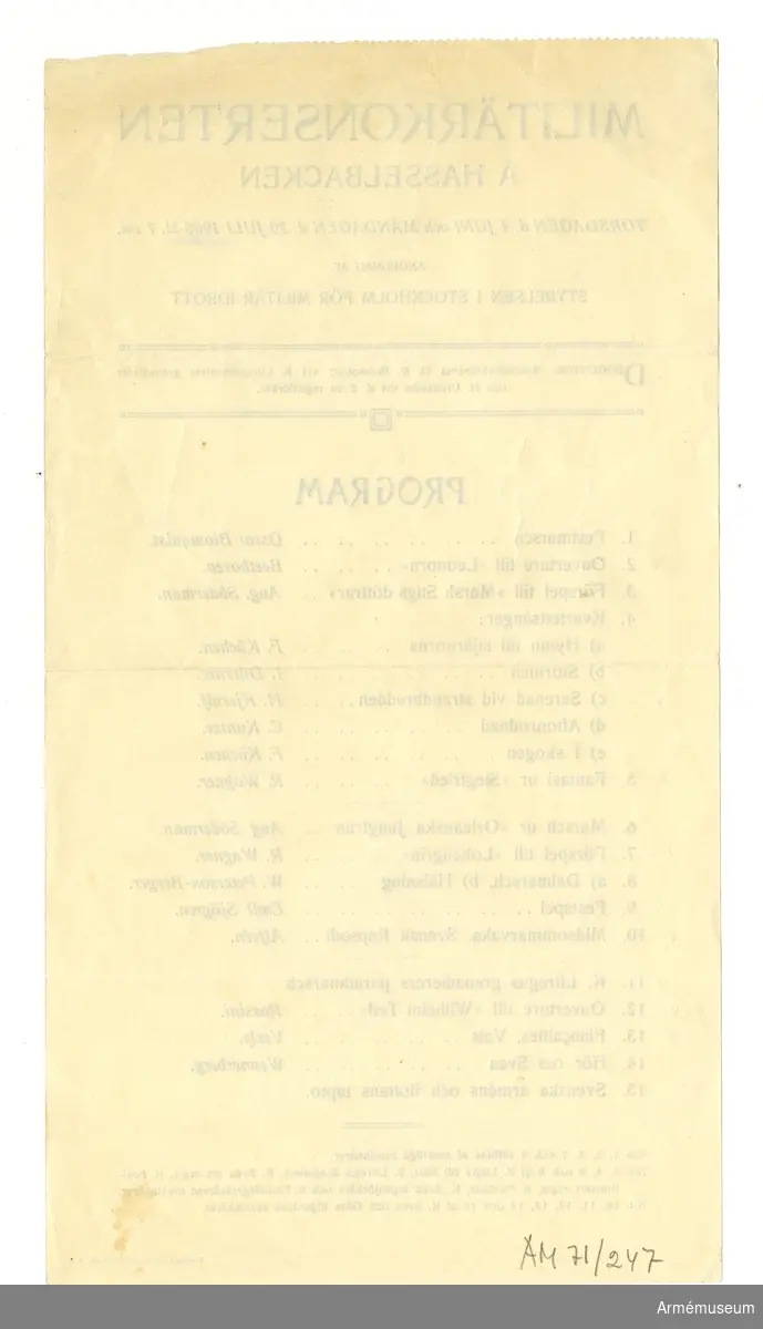 Grupp M I.
Program för militärkonsert på Hasselbacken den 20 juli 1908.