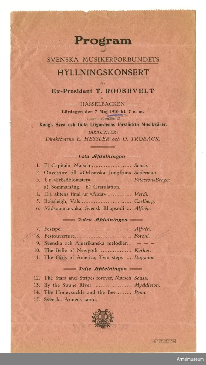 Grupp M I.
Program för militärkonsert på Hasselbacken den 7 maj 1910.