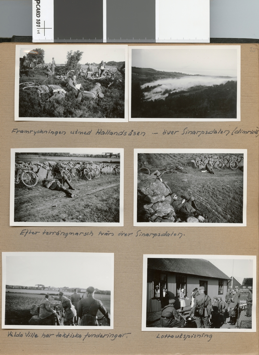 Text i fotoalbum: "Adjutantkursen juni 1940. Tyringe-Torekov m. fl. platser. Efter terrängmarsch tvärs över Sinarpsdalen".