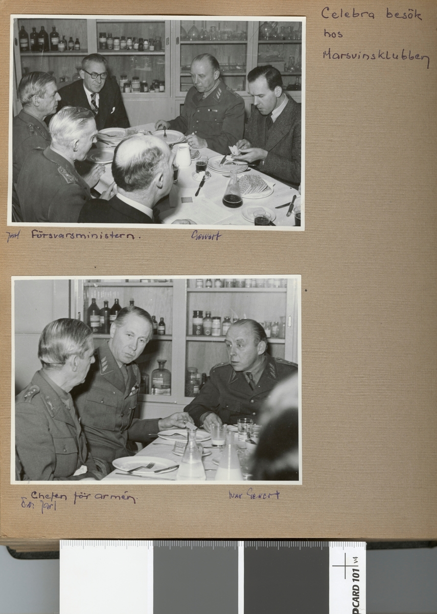 Text i fotoalbum: "Celebra besök hos Marsvinsklubben. Öv. Jarl, chefen för armén (Archibald Douglas), Gewert (Ivar Gewert)".