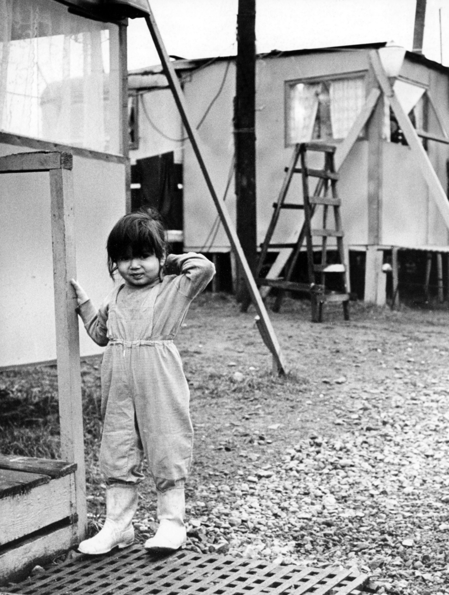 En flicka i ett läger i Varberg
 1962. Boendestandarden bland svenska romer var under 1900-talets första hälft mycket varierande. Familjer som hade det bättre ställt kunde äga flera tält, medan fattigare familjer enbart hade ett tält. Man sov då där marken var minst lerig. Under 1940-talet förbättrades levnadsstandarden och flera svensk-romska familjer specialbeställde nu bostadsvagnar.