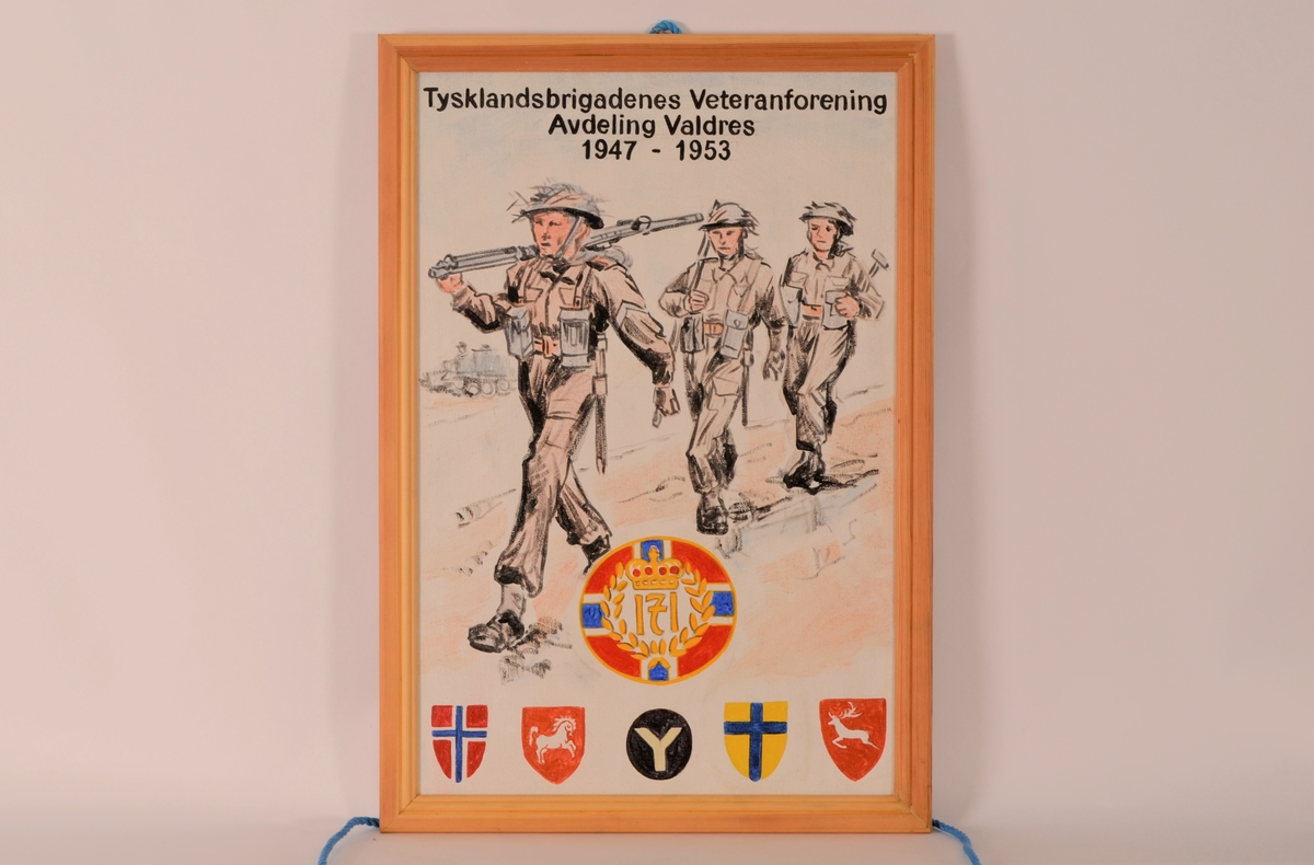 Fane for Tysklandsbrigadens Veteranforening avd Valdres. 
Malt lerret spent opp på blindramme. Blått tau festet til rammen.