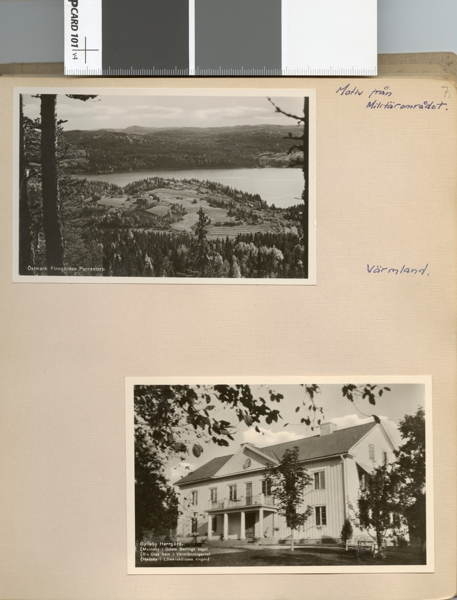 Text i fotoalbum: "Intfältövningar i Gysinge våren 1947. Motiv från militärområdet, Värmland. Östmark, Finngården, Purrastorp".