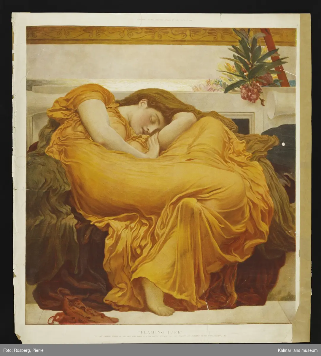 KLM 23970:57. Färgplansch. Text: "Flaming June" The last finished picture of the late lord Leighton, P.R.A. Painted specially for "The Graphic" and exhibited in the Loyal Academy, 1895. Supplement to the Christmas number of the Graphic 1896.