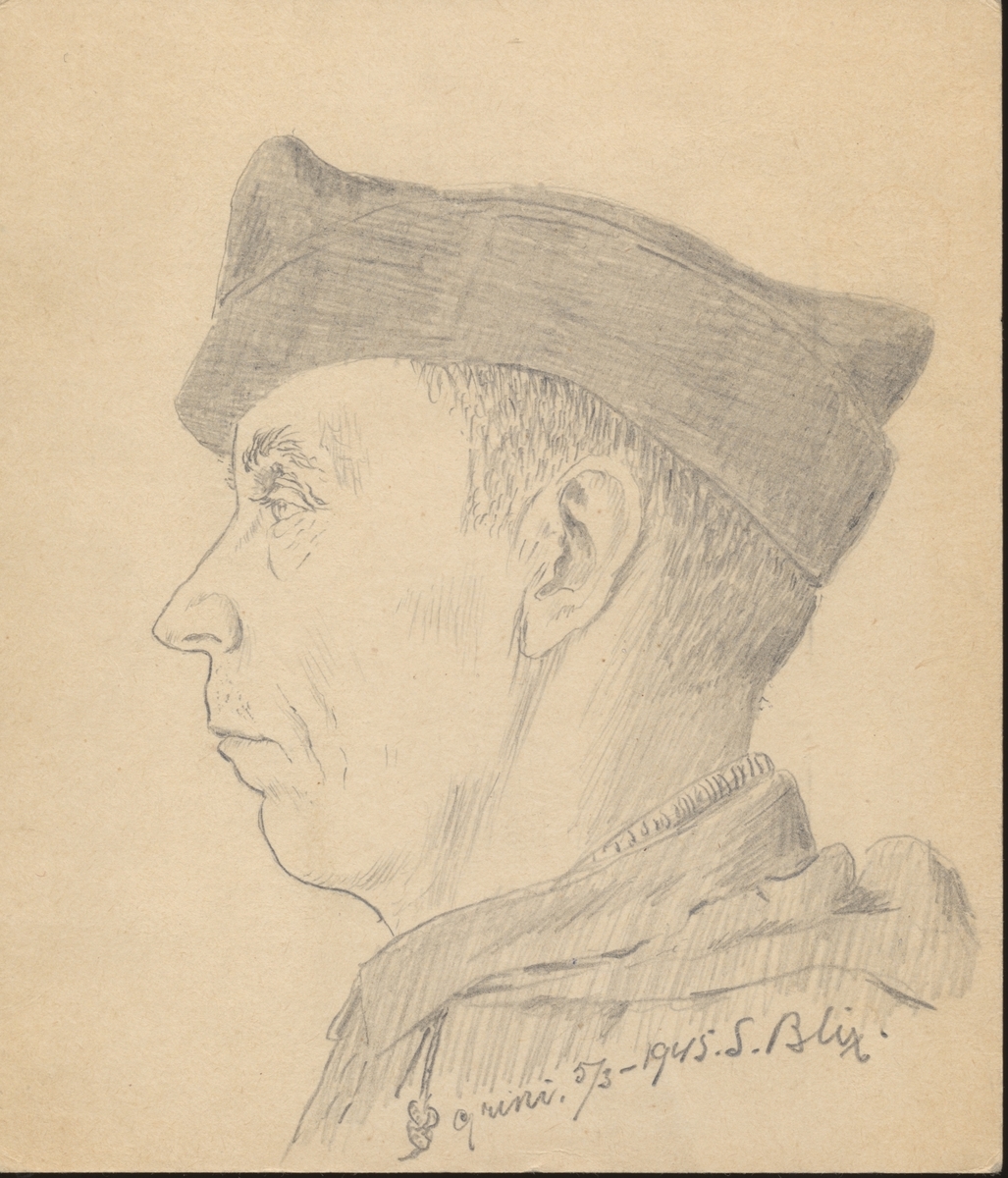 Portrett av Kaare Hake Petersen (1895-1984), tegnet på Grini 05.03.1945 av S. Blix. Petersen var fange på Falstad nov. 1944–jan. 1945, senere på Grini fram til freden.