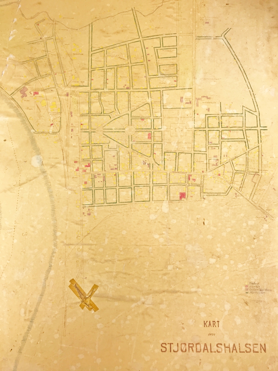 Håndtegnet kart over Stjørdal sentrum fra 1956.