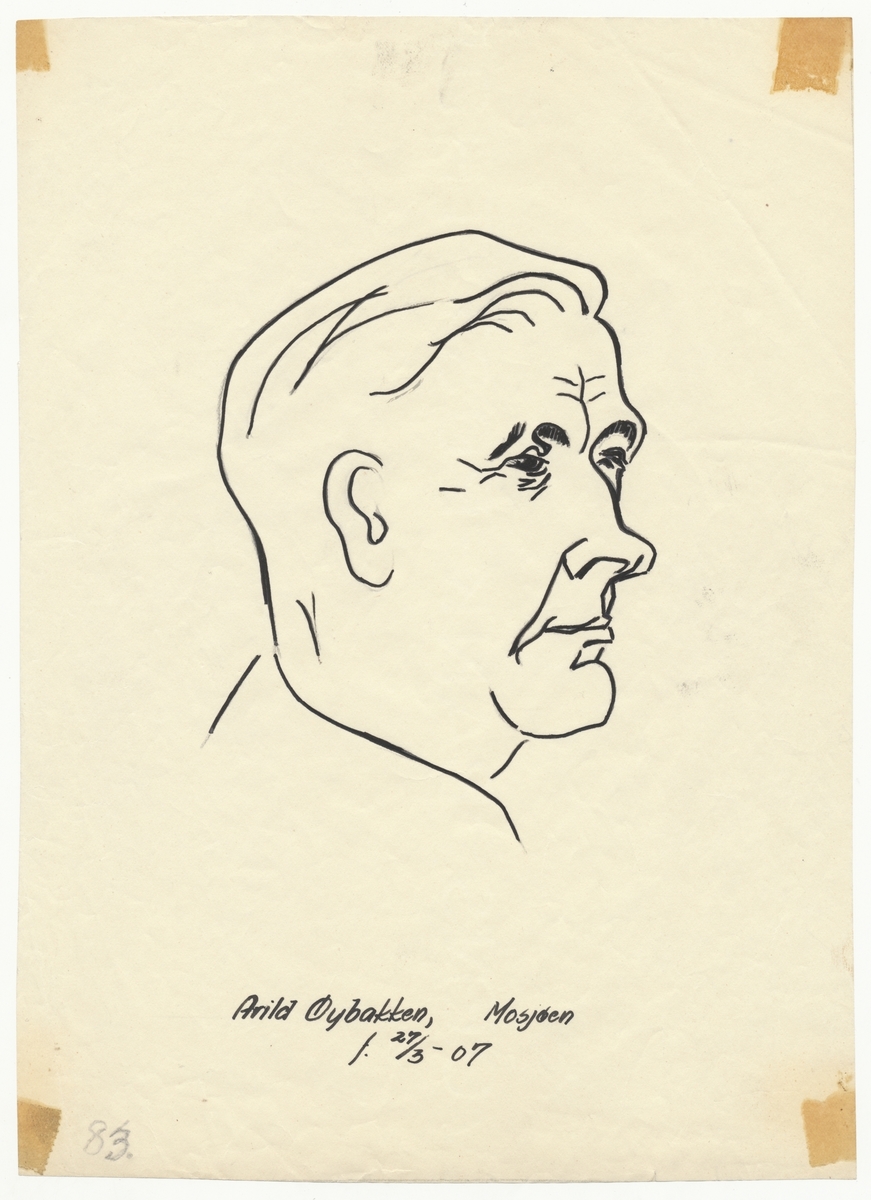 Portrettegning (karikatur) av falstadfange Arild Øybakken (f. 1907), Mosjøen.