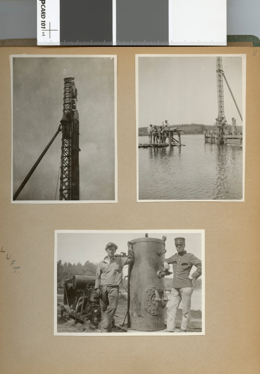 Text i fotoalbum: "Sommaren 1929. Fältbro vid Bjälmen. Pålkran."