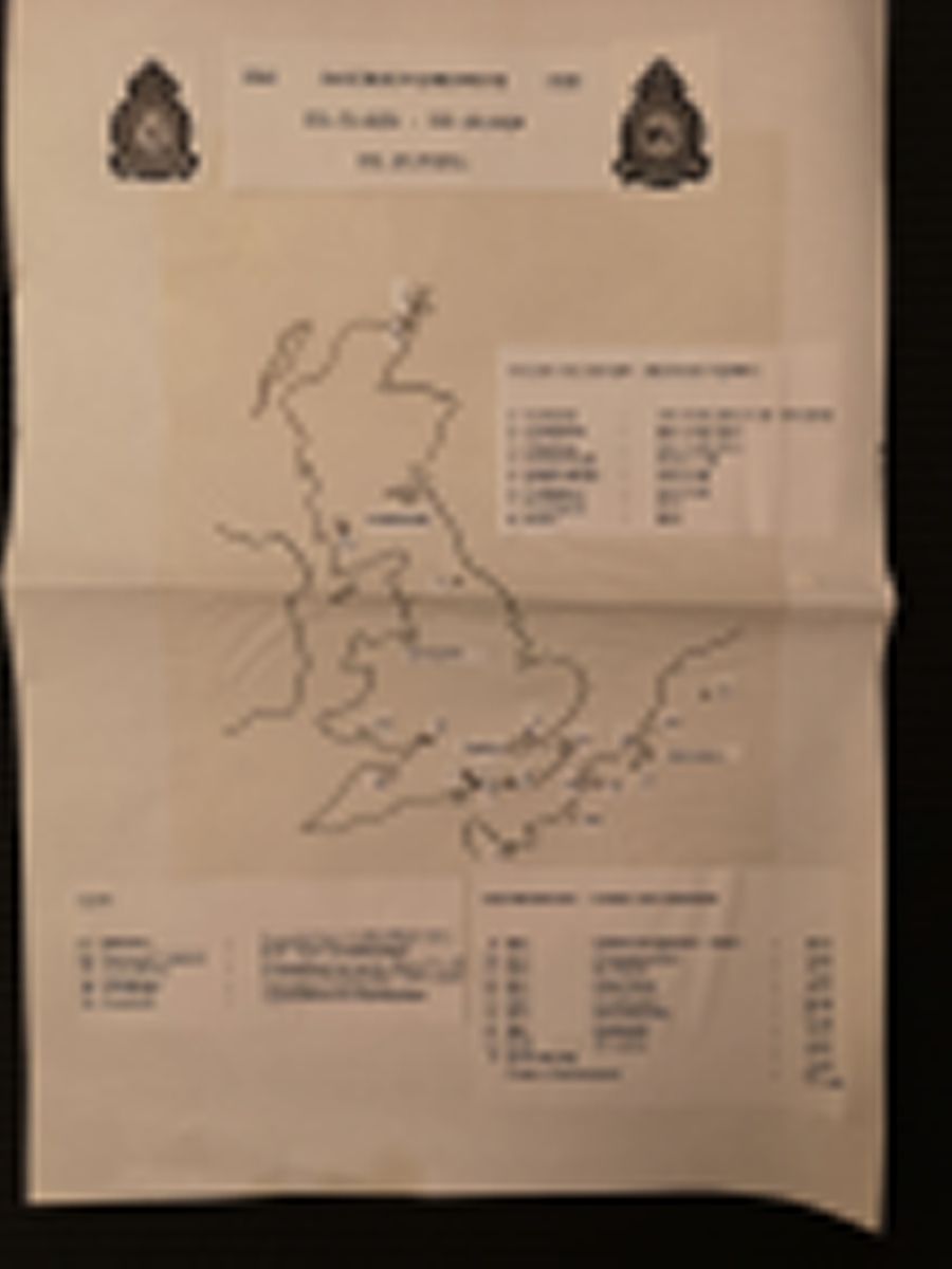 "Hjemmelaget" kart som viser plassering av 331 og 332 skv i England under 2. Verdenskrig.