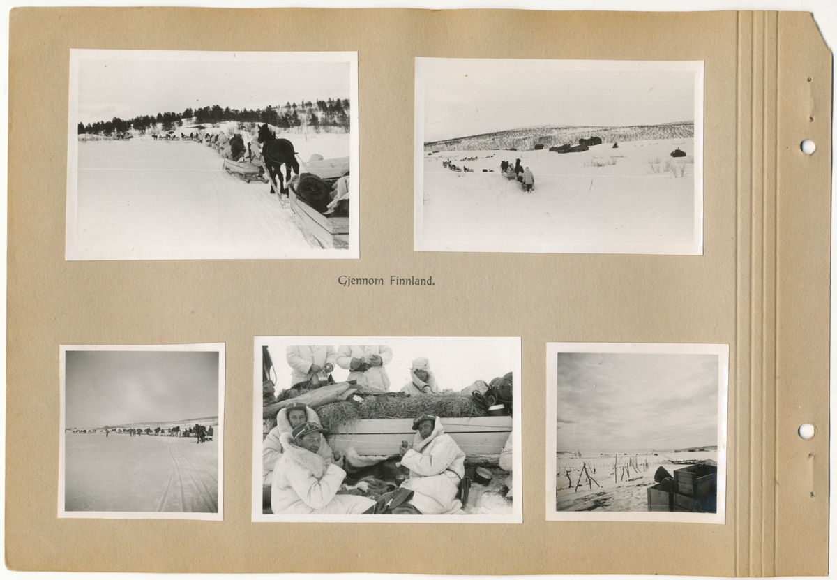 Side fra album "Hestetrenavdelingen, Distriktskommando Finnmark 1945". Trykt tekst: "Gjennom Finnland."