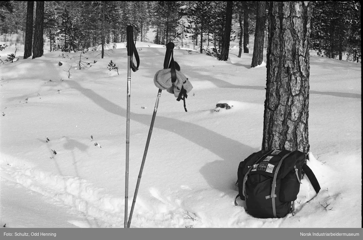 På tur i skogen vinterstid, med ski og ryggsekk.