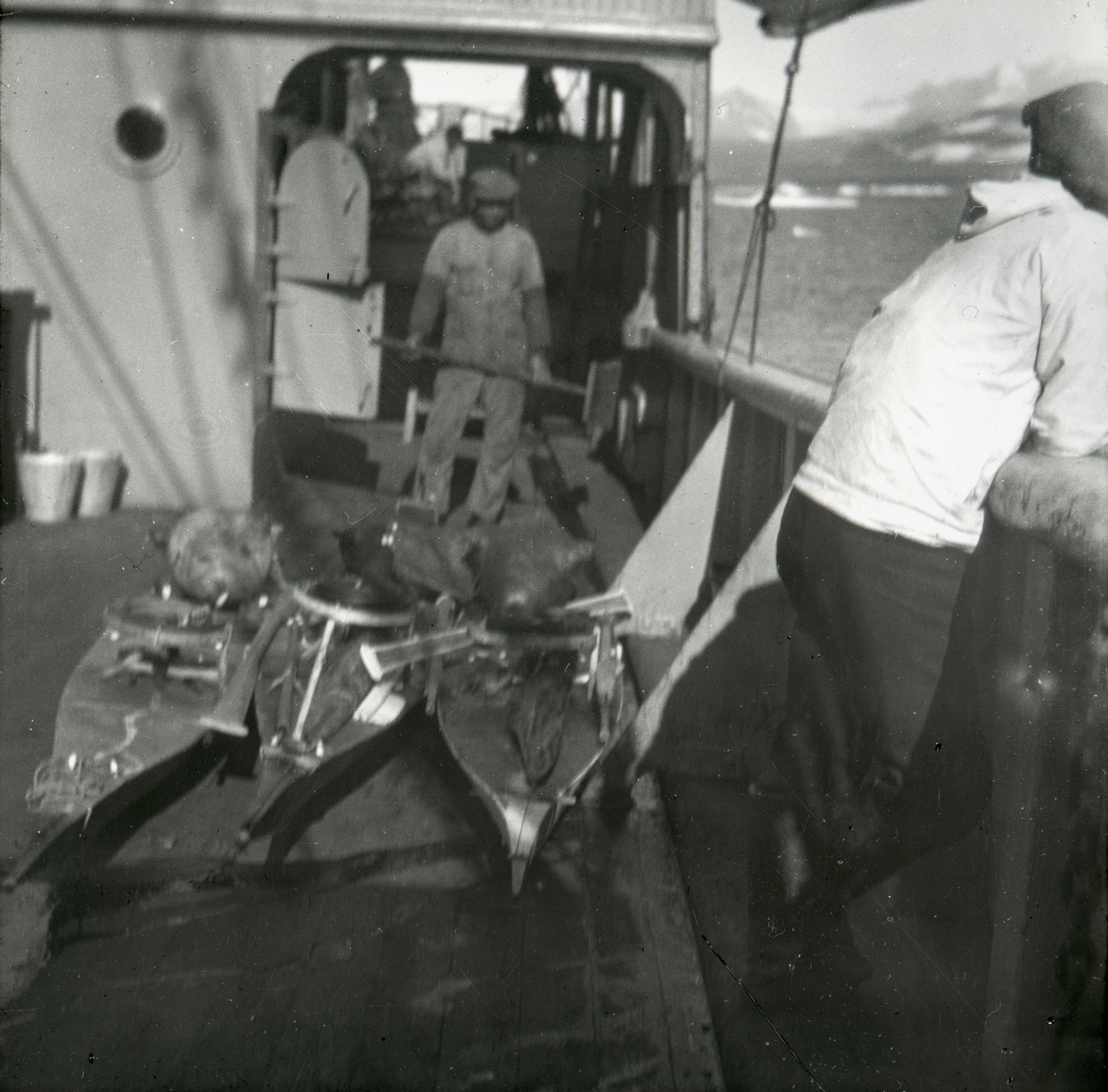 Motiv av tre grønlandske kajakker ombord i ei ishavsskute. To menn står ved kajakkene.