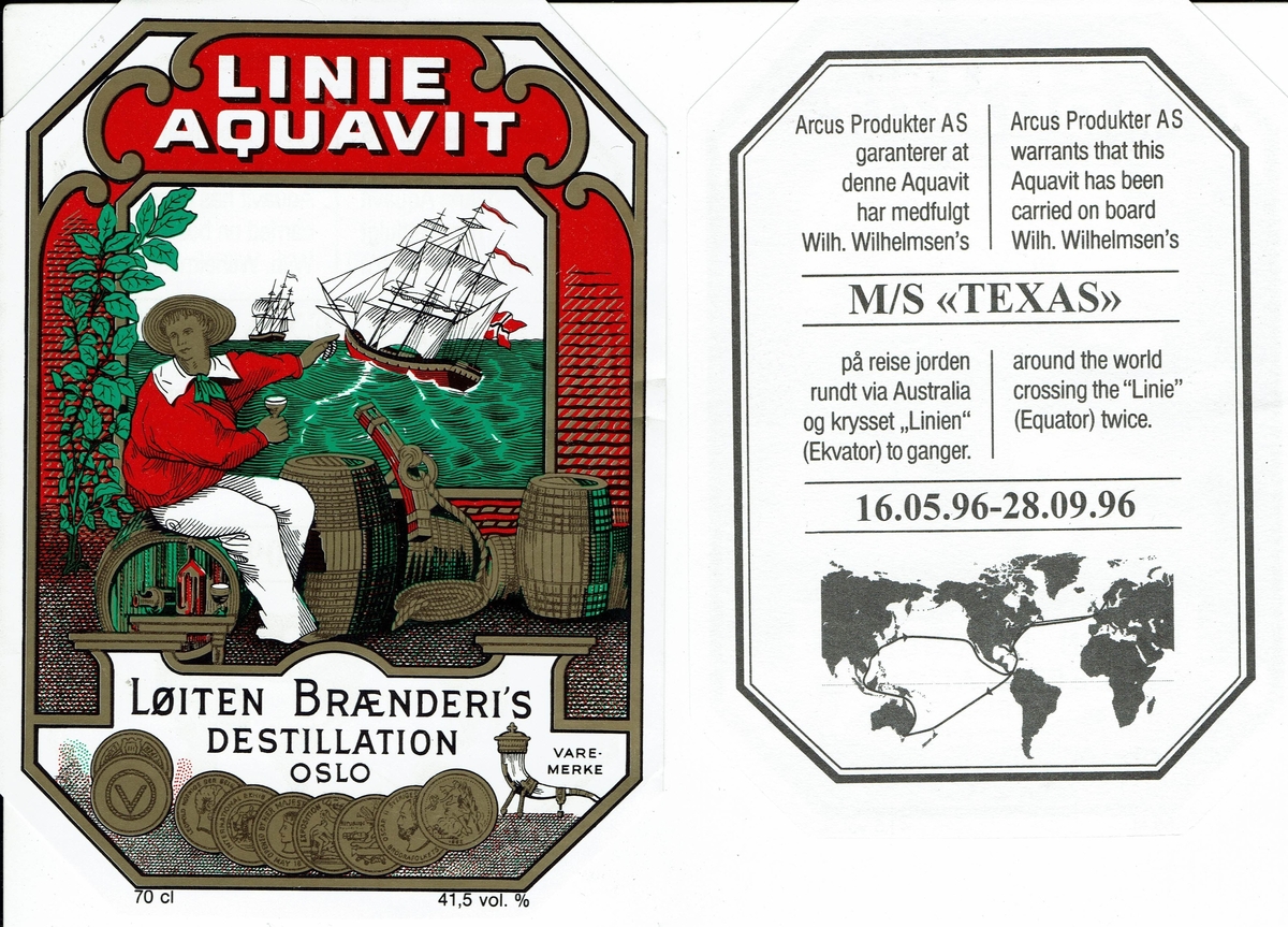Løitens Linie Aquavit. Med varemerke og medaljer. Arcus Produkter AS. 
