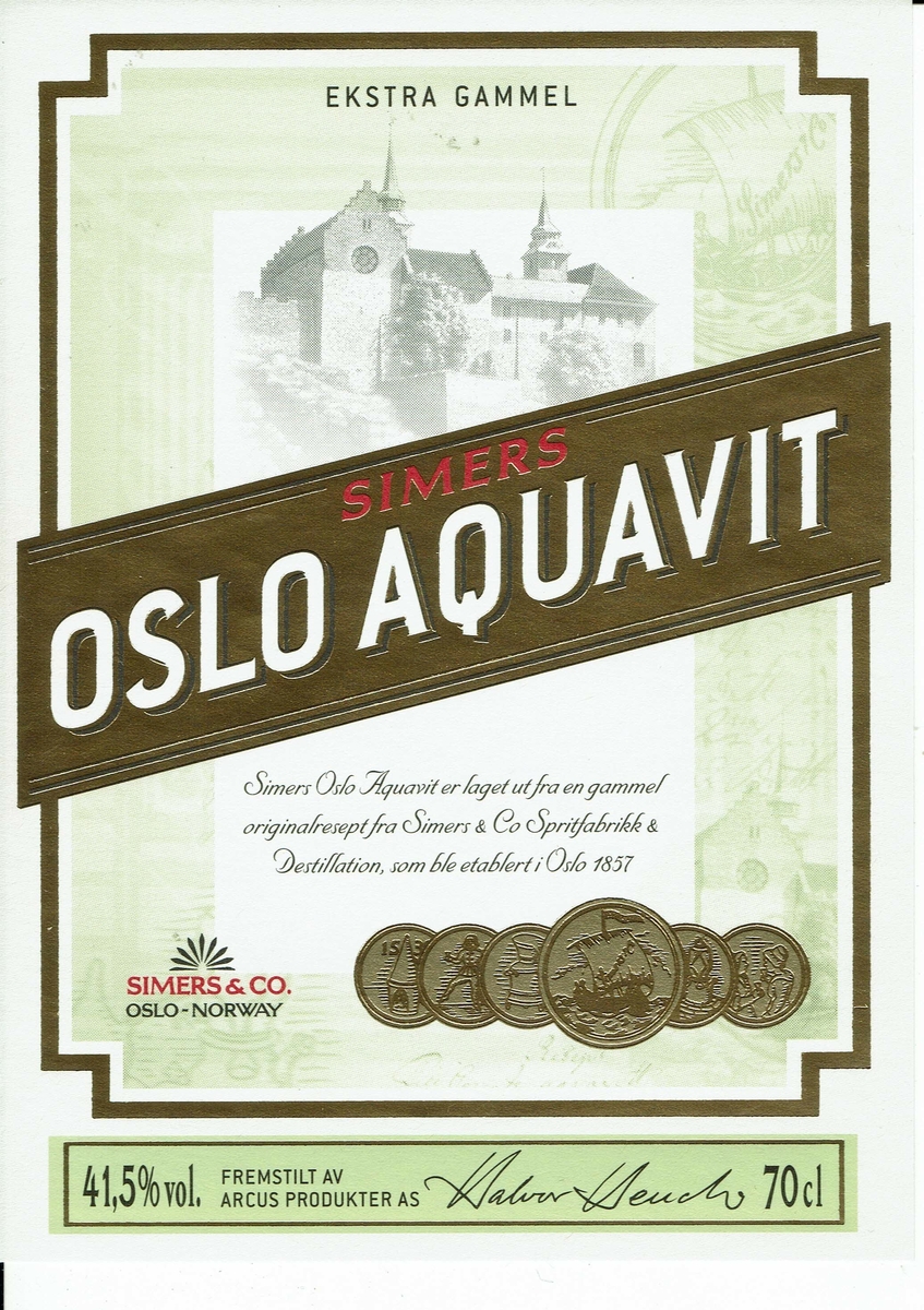 Simers Oslo Aquavit. Arcus Produkter AS. 41.5 % vol. 