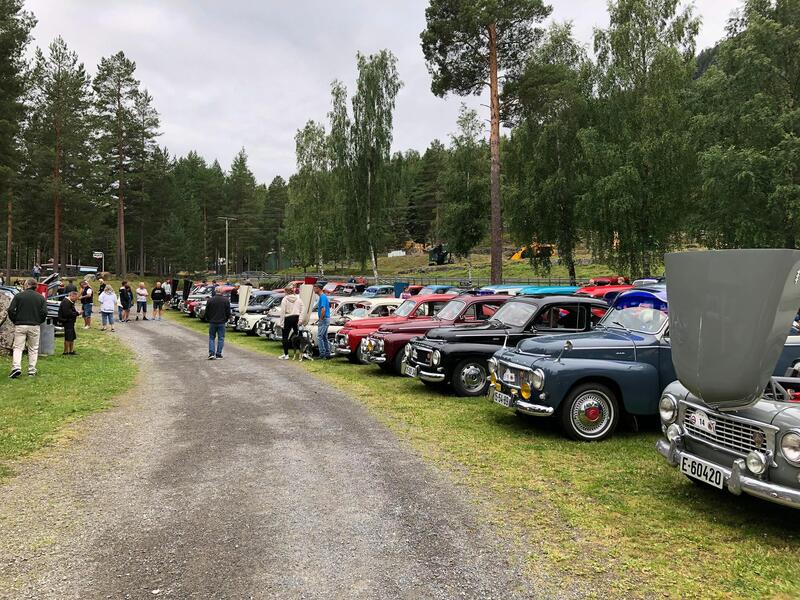 Mange biler stilt opp på rekke i museumsparken under et biltreff.