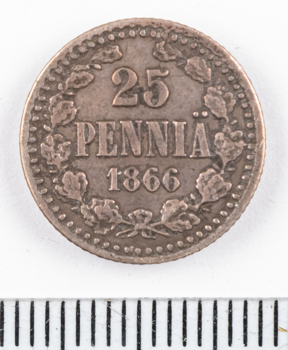 Mynt Finland 1866 25 Penniä.
