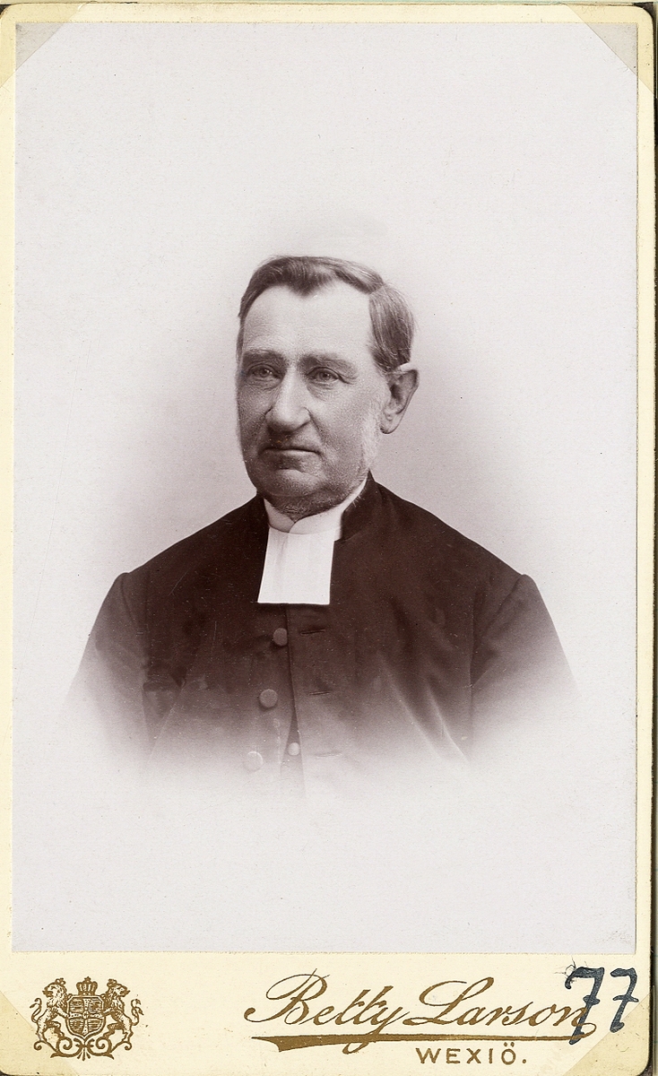 Foto av en man i prästrock och prästkrage m.m.
Bröstbild, halvprofil. Ateljéfoto.