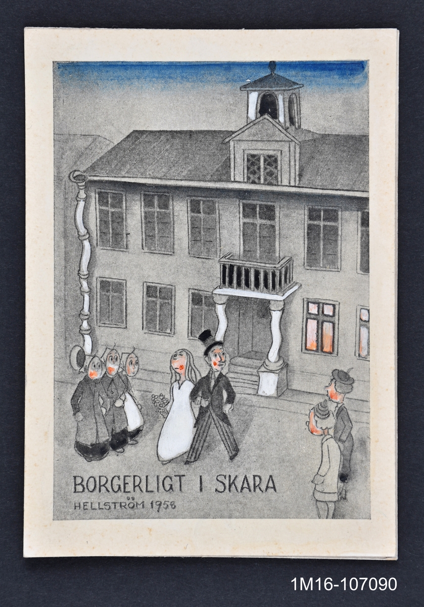 Tavlan visar ett nygift par som kommer ut från stadshuset i Skara. Till vänster om paret står tre stycken kvinnor och till höger står två kvinnor.