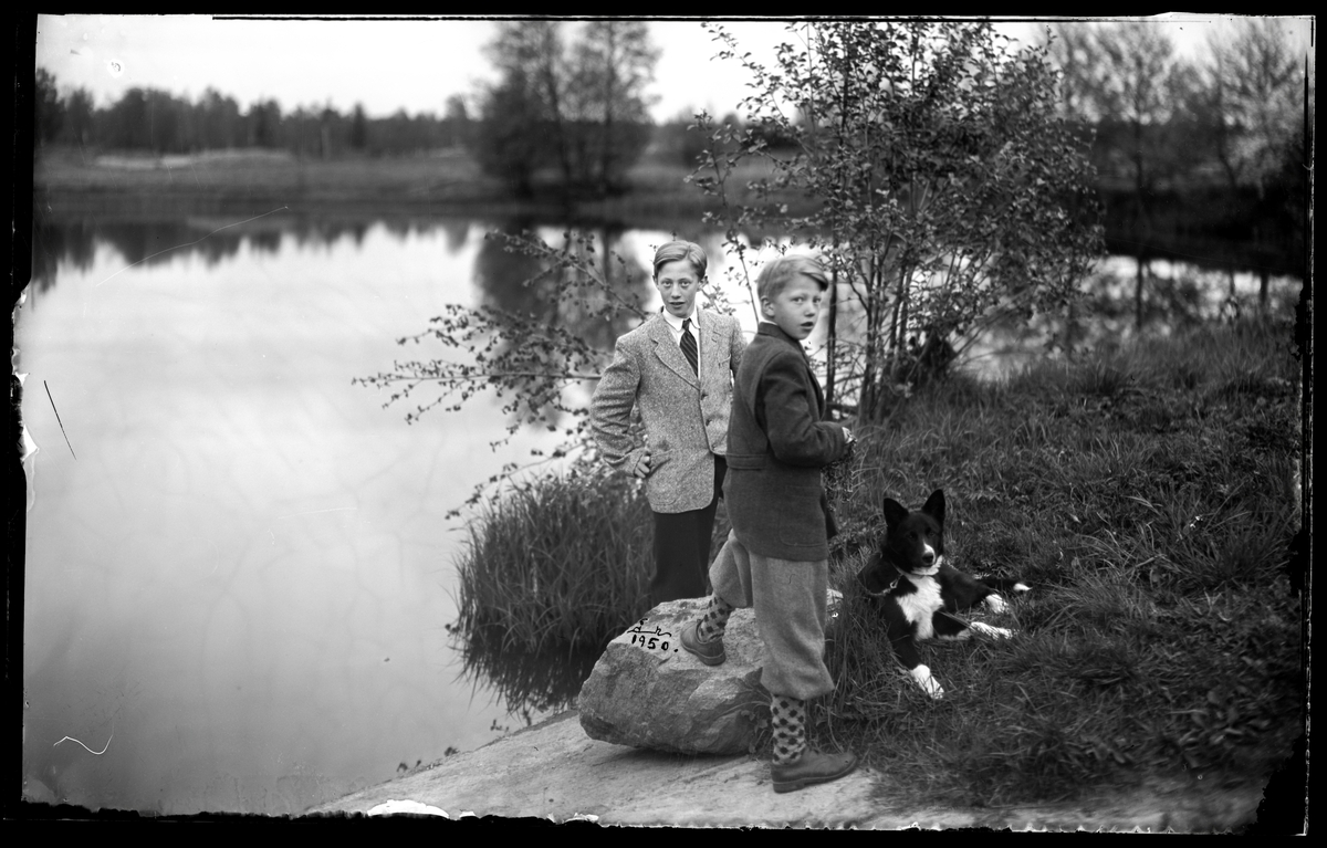 Pojkar med hund vid en sjö