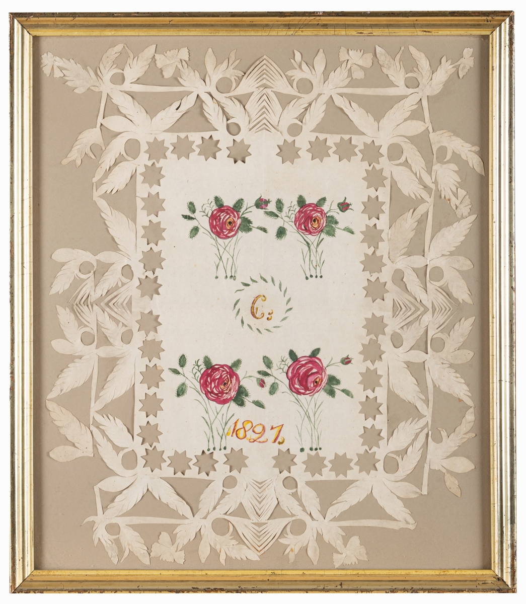 Gratulationspapper, utklippt målat med rosor. Märkt C och 1827. I glas och guldram.