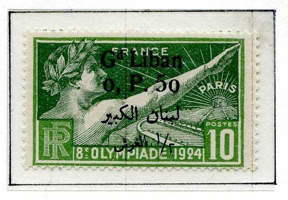 Åtte frimerker fra Sommer-OL i Paris i 1924 montert på en albumside. Det er fire ulike frimerker - to av hvert motiv og farge. Frimerkene er alle stemplet GRAND LIBAN og en annen verdi enn den som er angitt på frimerket.