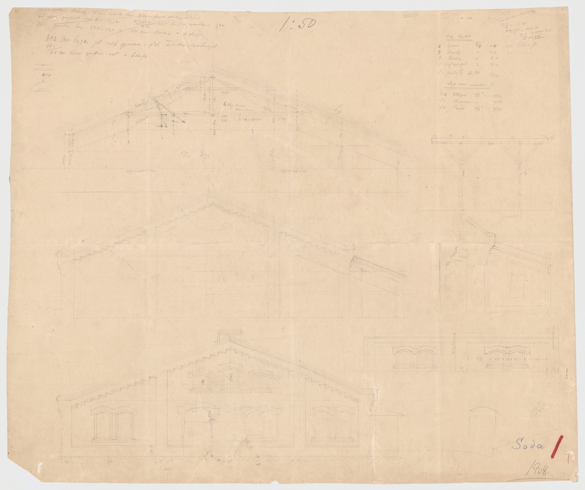 Tegning, bygningstegning, A/S Klevfos Cellulose- & Papirfabrik. Fasadetegning av sodahus (informasjon fra vedhengt lapp). Målestokk 1:50.
