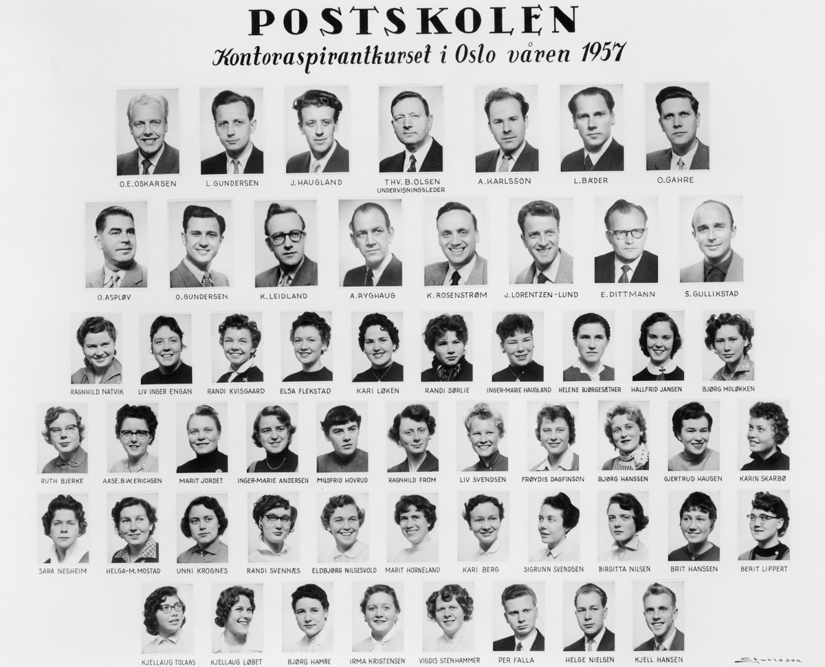 gruppebilde, postskolen kontoraspirantkurset i Oslo våren 1957