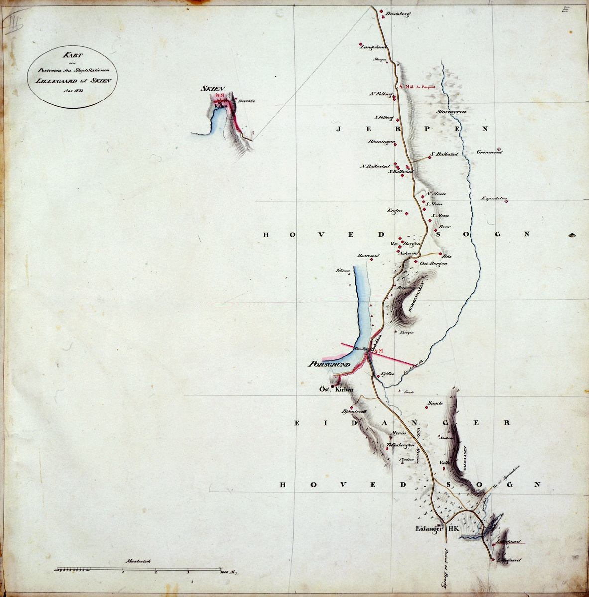 kart, postkart, kart over postveien fra Skydstationen Lillegaard til Skien Aar 1822 