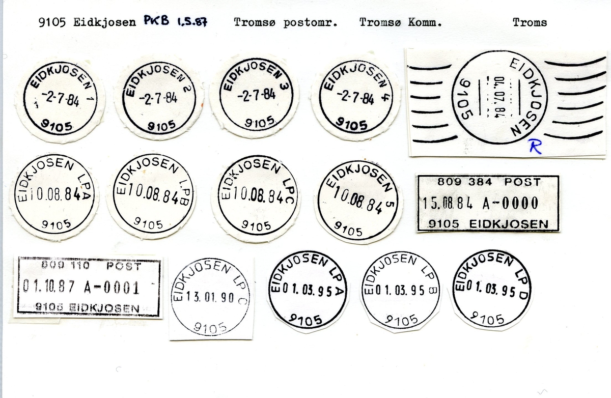 Stempelkatalog, 9105 Eidkjosen PK B 1.5.1987, Tromsø postområde, Tromsø kommune, Troms fylke.