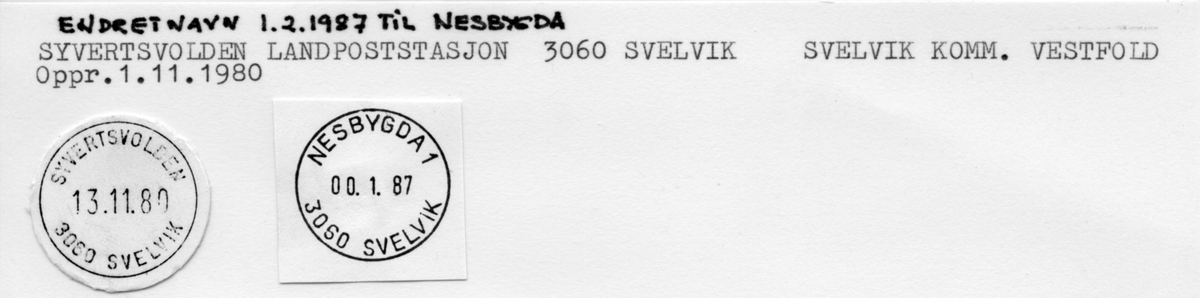 Stempelkatalog. Nesbygda landpoststasjon. 3060 Svelvik postkontor. Svelvik kommune. Vestfold fylke.