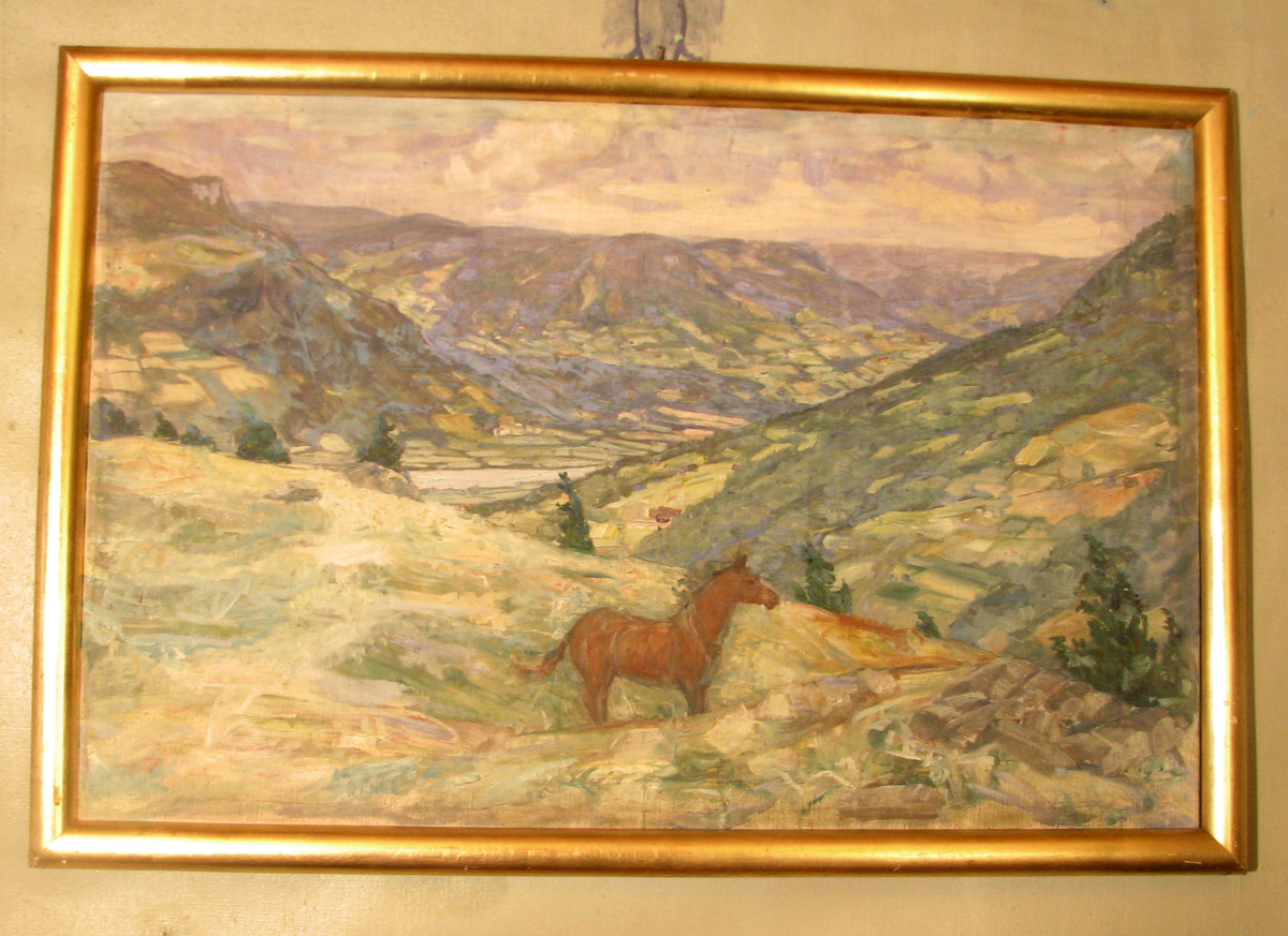 Rektangulær, ramme:halvsirkelf. tverrsn.. Landskap, brun hest midt i forgrunnen, utsikt over dal, høy horisont
